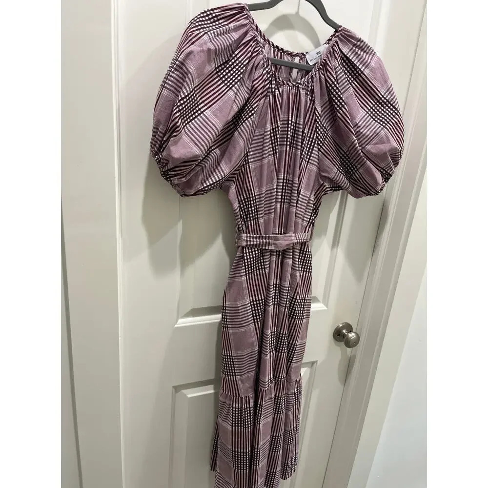 Never A Wallflower Puff Sleeve Burgundy Plaid Midi Dress Sz S - Picture 4 of 11